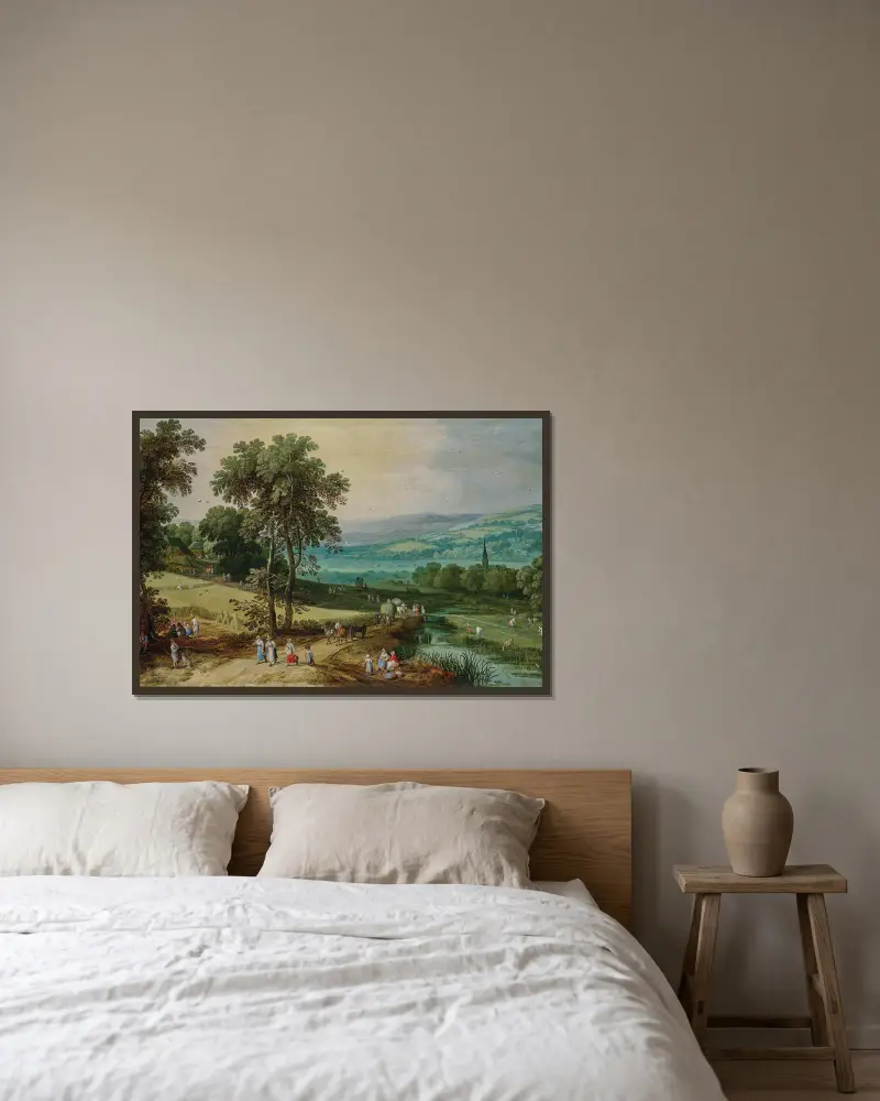 Vidsträckt skogslandskap med vandrare på en stig och säd som skördas i förgrunden av Jan Brueghel The Elder inramad på en vägg