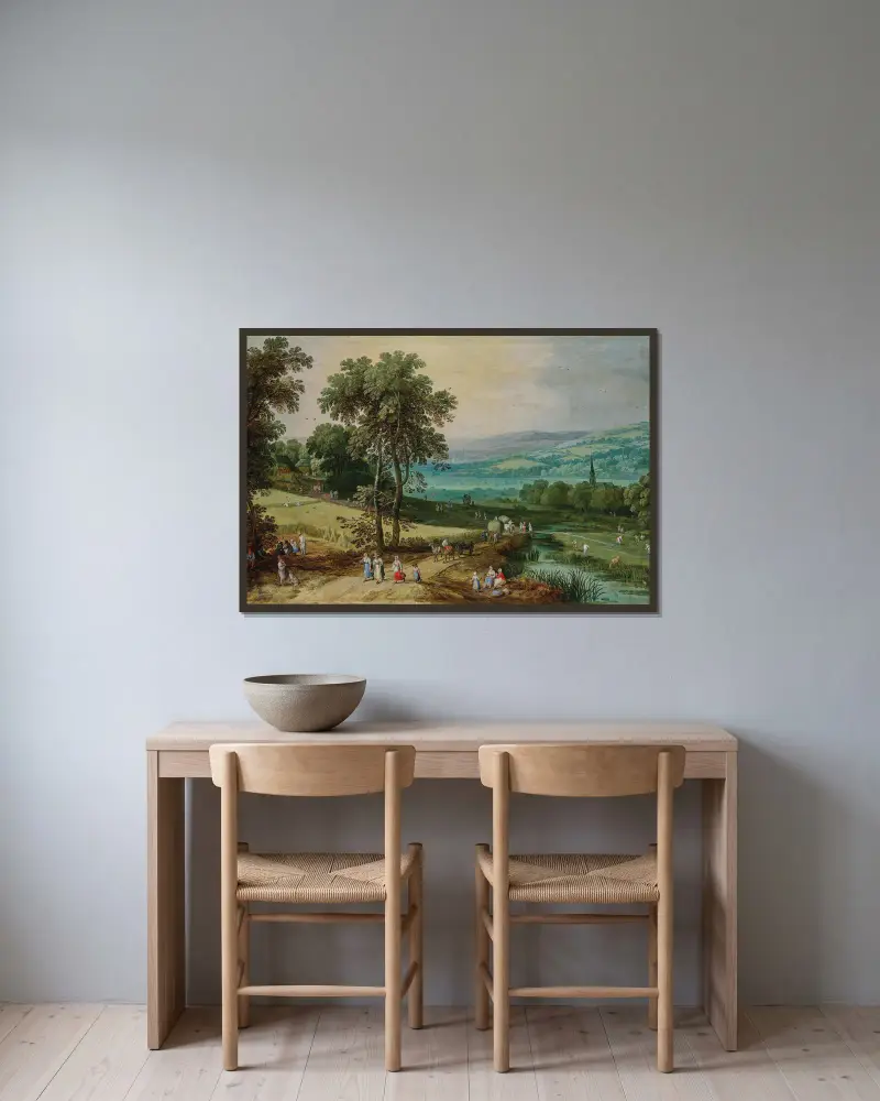 Vidsträckt skogslandskap med vandrare på en stig och säd som skördas i förgrunden av Jan Brueghel The Elder inramad på en vägg