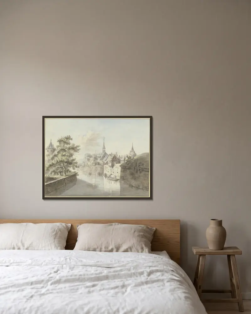 Den forna stadsgraven i Frankfurt vid Fischerfeld framför den gamla judiska kyrkogården av Christian Georg Schütz the elder inramad på en vägg