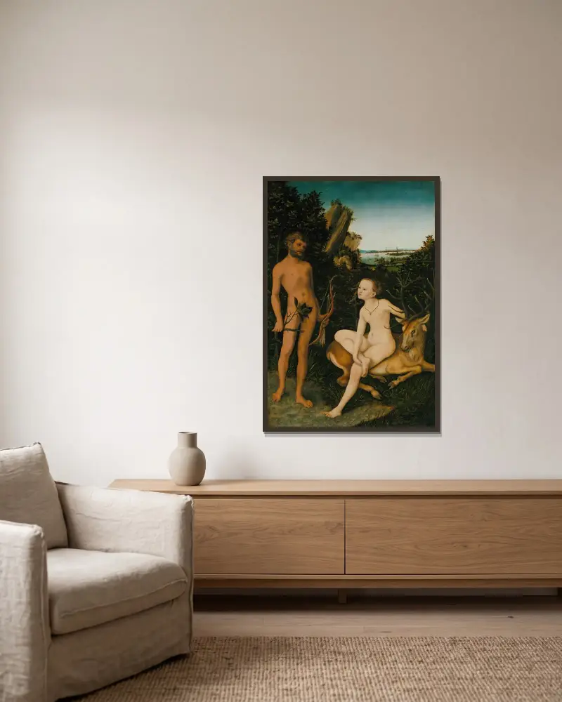 Apollo und Diana von Lucas Cranach the Elder gerahmt an einer Wand
