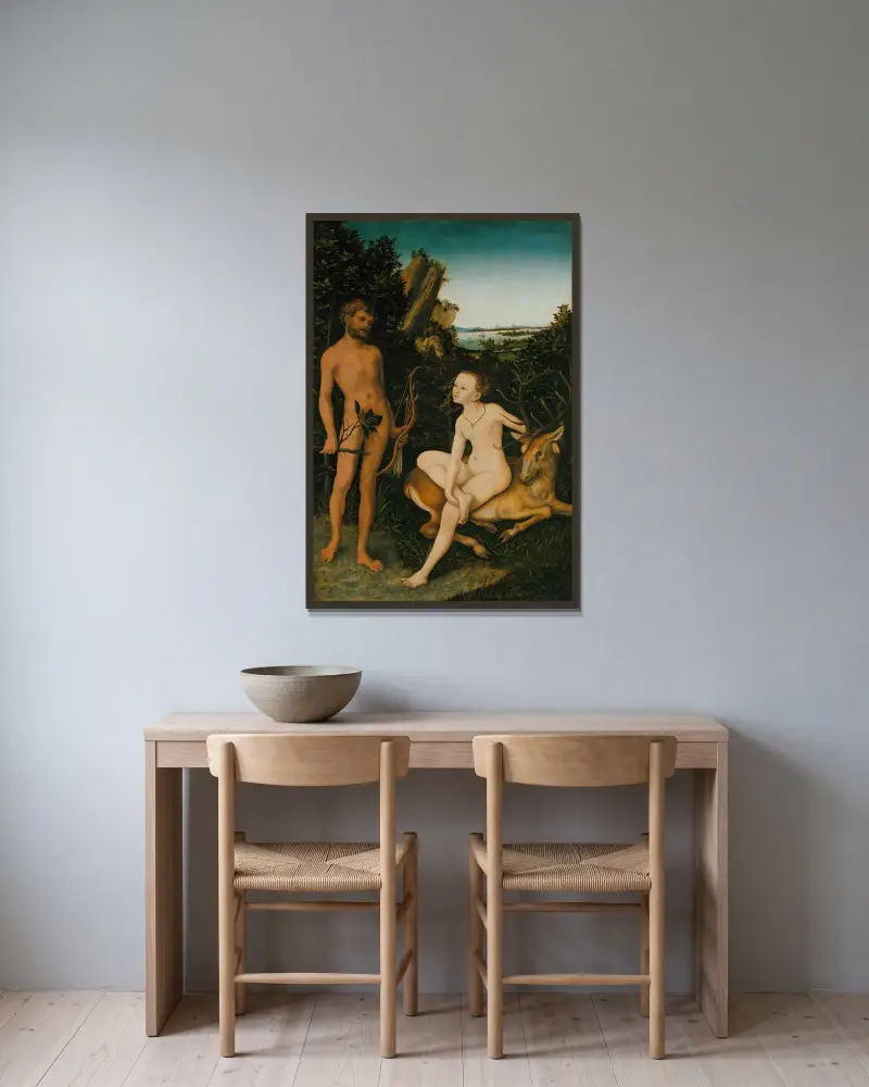 Apollo und Diana von Lucas Cranach the Elder gerahmt an einer Wand