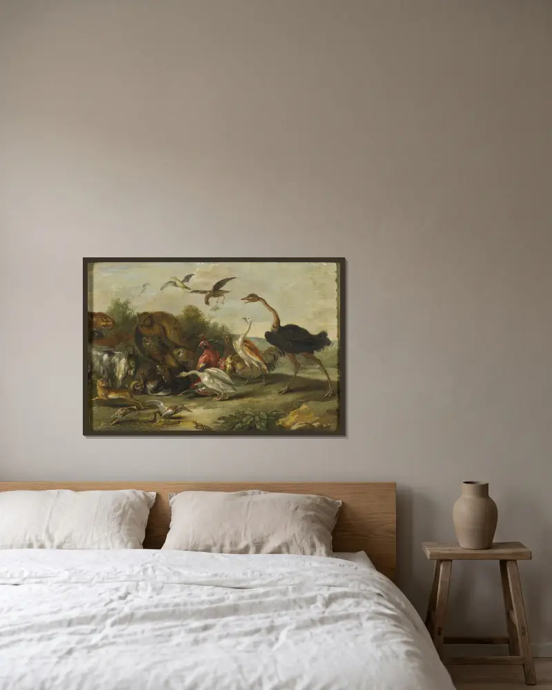 Kampf zwischen Eulen und Vierfüßlern von Jan Van Kessel The Elder gerahmt an einer Wand