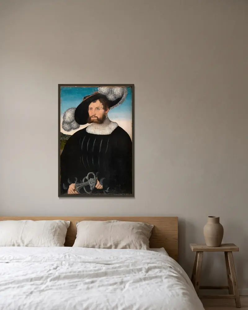 Bildnis des Herrn A. von Rechenberg von Lucas Cranach the Elder gerahmt an einer Wand