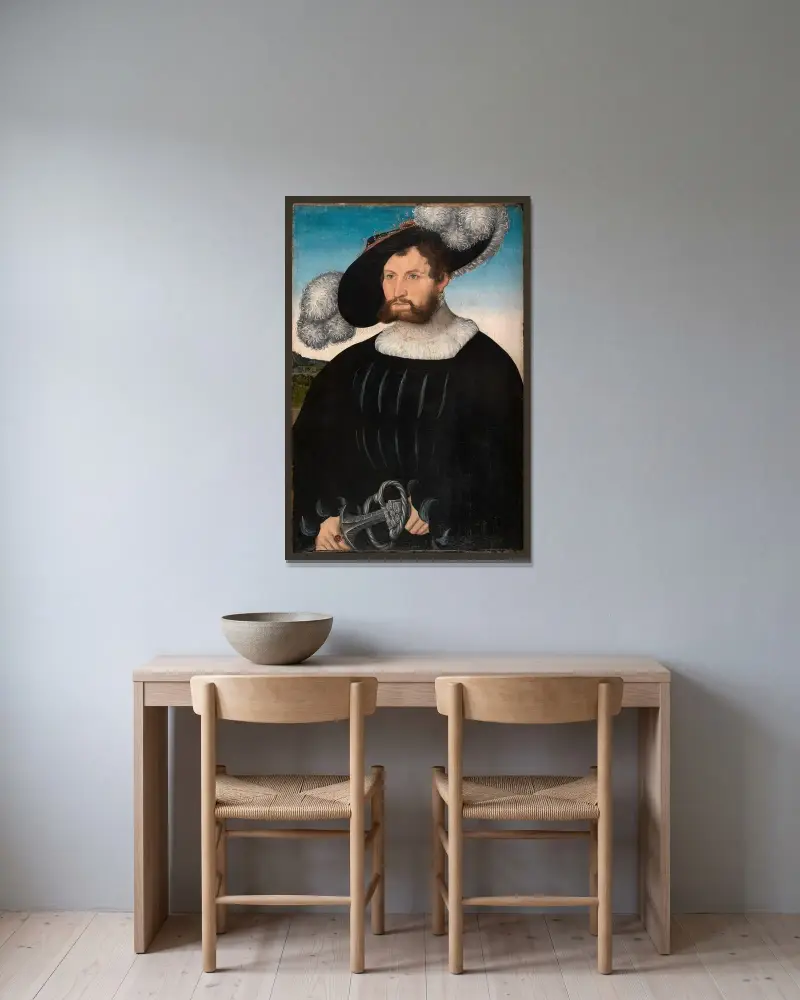 Bildnis des Herrn A. von Rechenberg von Lucas Cranach the Elder gerahmt an einer Wand