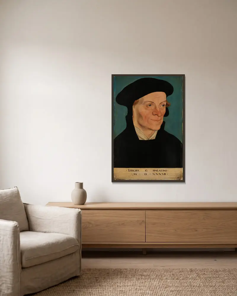 Bildnis des Reformators Georg Spalatin von Lucas Cranach the Elder gerahmt an einer Wand