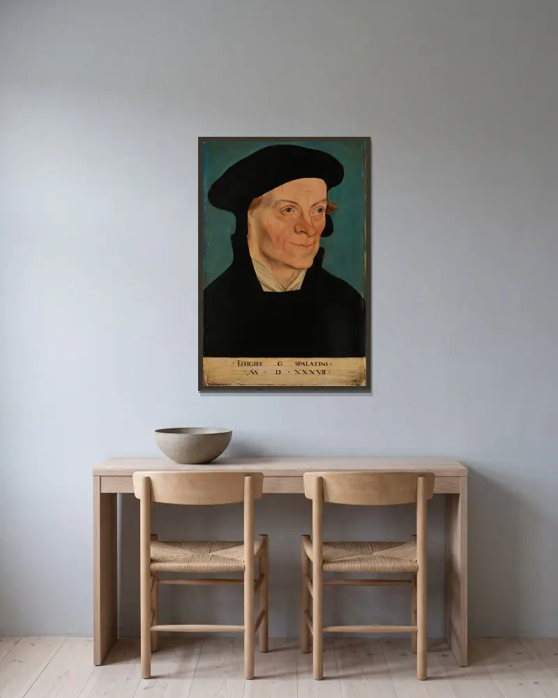 Bildnis des Reformators Georg Spalatin von Lucas Cranach the Elder gerahmt an einer Wand