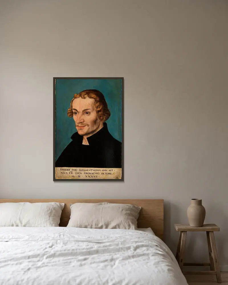 Bildnis des Reformators Philipp Melanchthon av Lucas Cranach the Elder inramad på en vägg