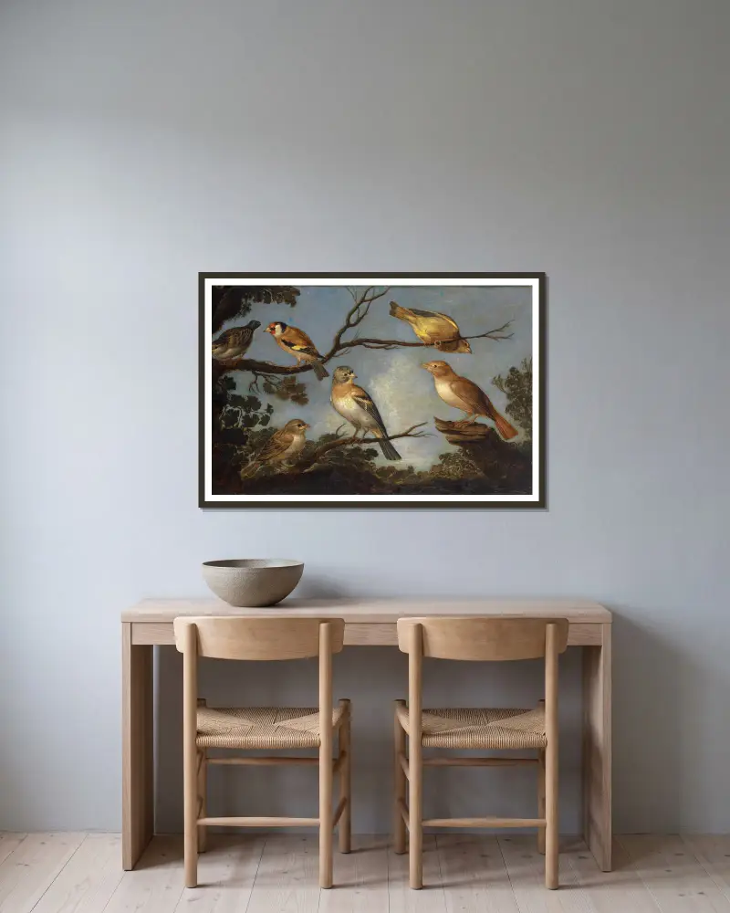 Fåglar på grenarna i ett träd av Jan Van Kessel The Elder inramad på en vägg