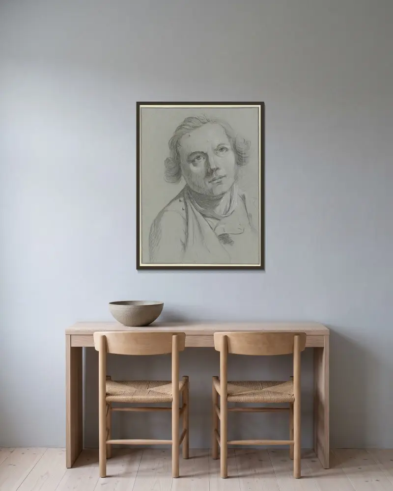 Brustbild eines bartlosen Mannes av Christian Georg Schütz the elder inramad på en vägg