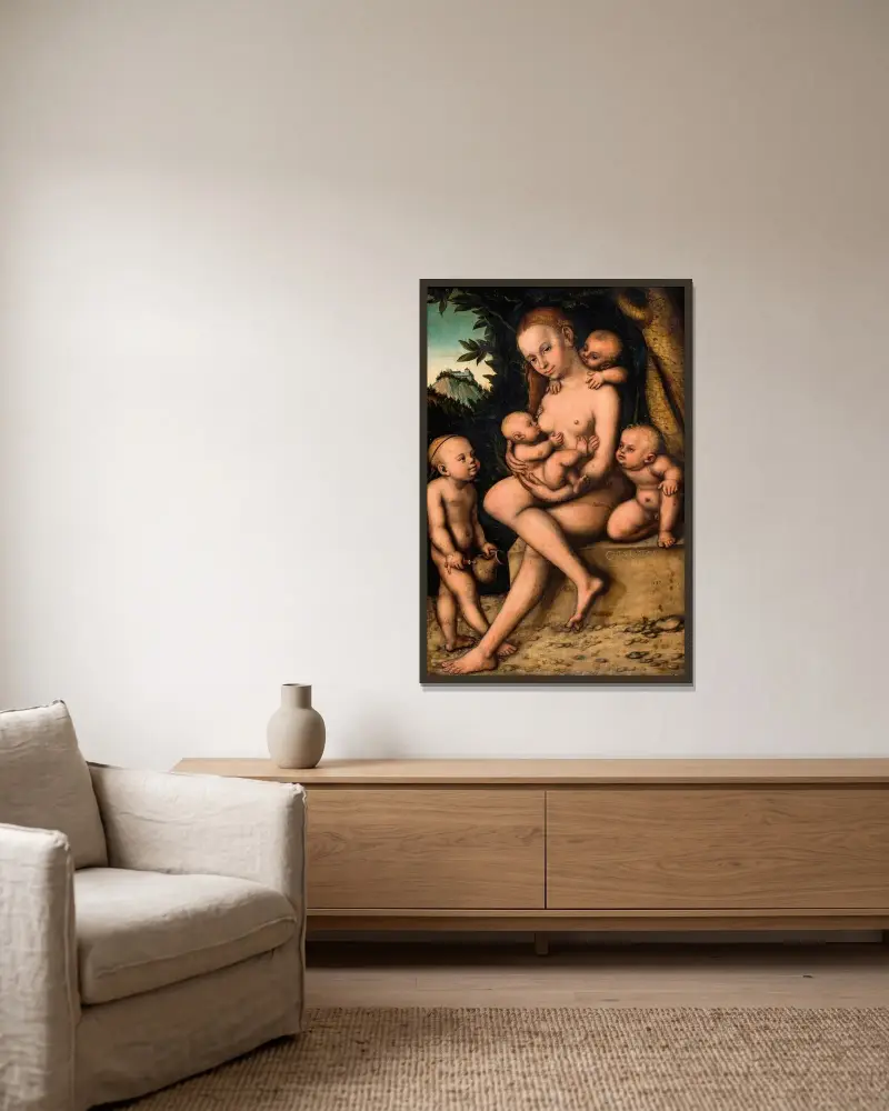 Caritas, 1535 von Lucas Cranach the Elder gerahmt an einer Wand