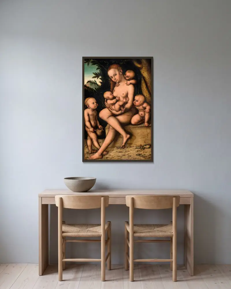 Caritas, 1535 von Lucas Cranach the Elder gerahmt an einer Wand