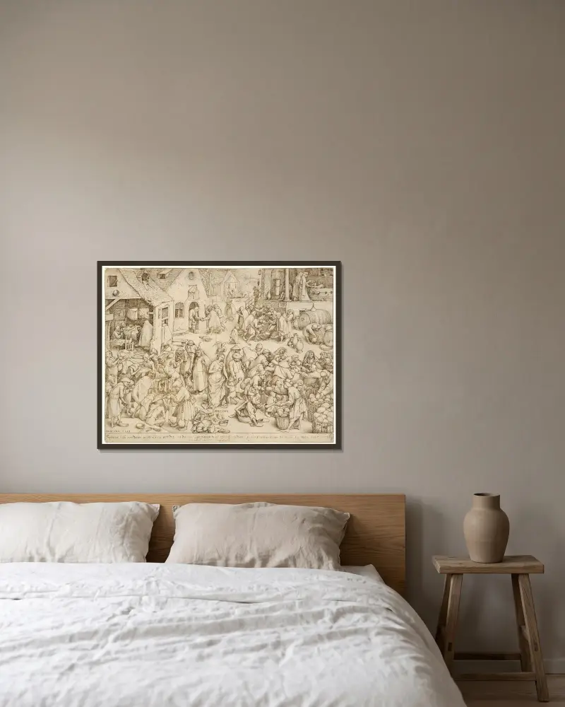 Caritas (Barmherzigkeit) von Pieter Bruegel The Elder gerahmt an einer Wand