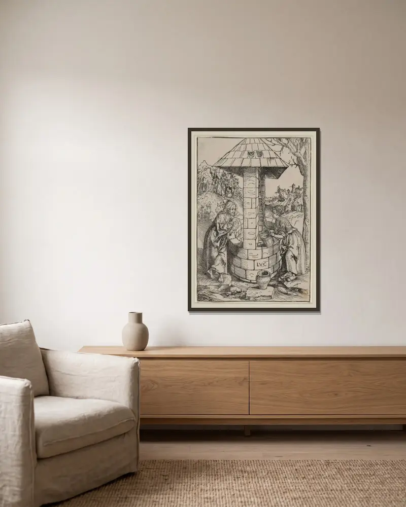 Kristus och kvinnan från Samarien av Lucas Cranach the Elder inramad på en vägg