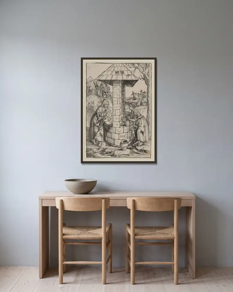 Kristus och kvinnan från Samarien av Lucas Cranach the Elder inramad på en vägg