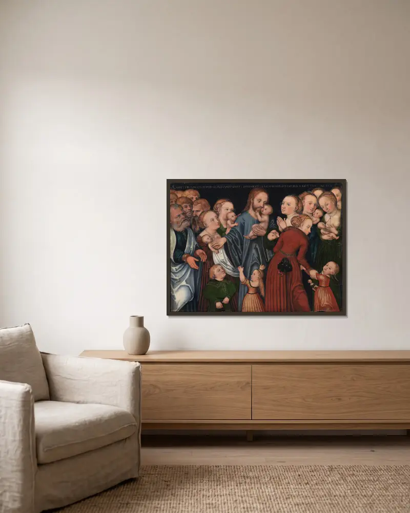 Christus segnet die Kinder, 1537 von Lucas Cranach the Elder gerahmt an einer Wand