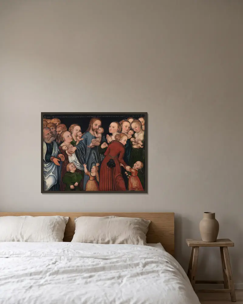 Christus segnet die Kinder, 1537 von Lucas Cranach the Elder gerahmt an einer Wand