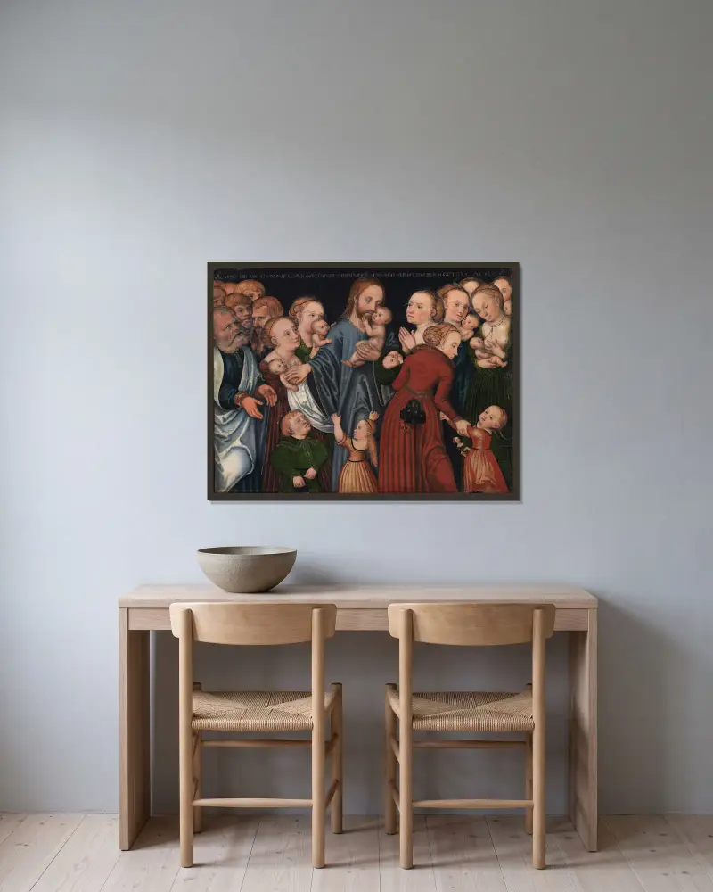 Christus segnet die Kinder, 1537 von Lucas Cranach the Elder gerahmt an einer Wand