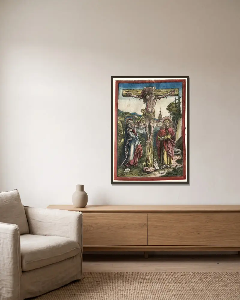 Christus am Kreuz zwischen Maria und Johannes von Lucas Cranach the Elder gerahmt an einer Wand