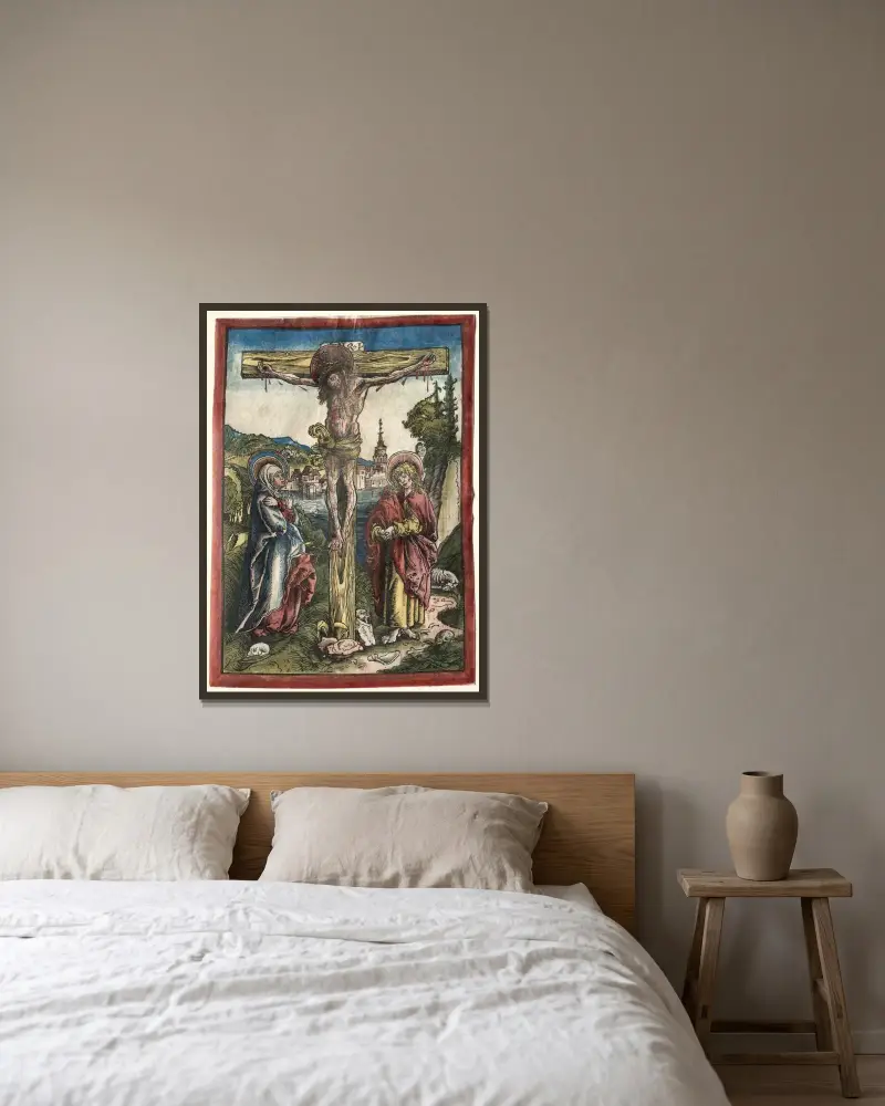 Christus am Kreuz zwischen Maria und Johannes von Lucas Cranach the Elder gerahmt an einer Wand