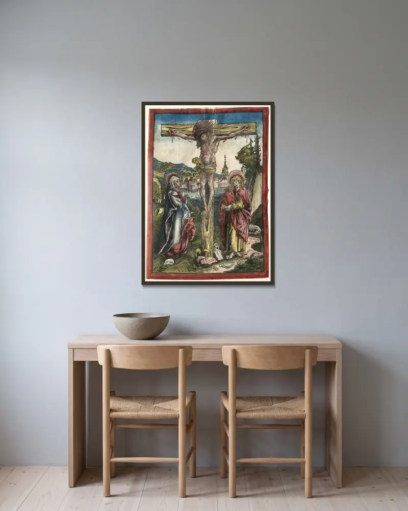 Christus am Kreuz zwischen Maria und Johannes von Lucas Cranach the Elder gerahmt an einer Wand