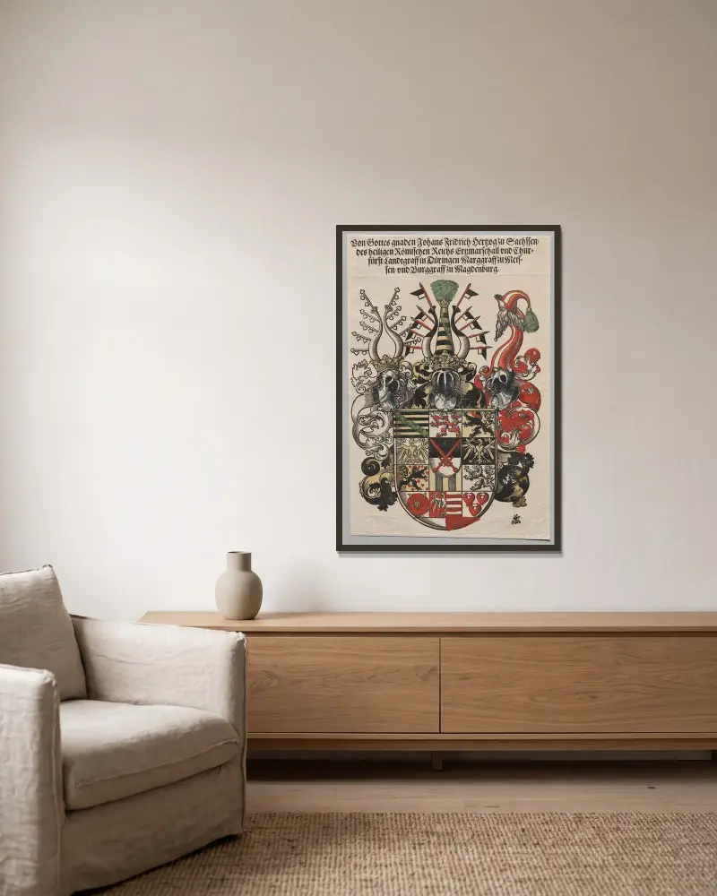 Wappen von Johann Friedrich, Kurfürst von Sachsen, genannt der Großmütige von Lucas Cranach the Elder gerahmt an einer Wand