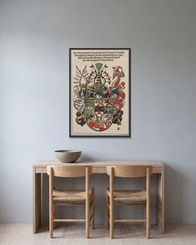 Wappen von Johann Friedrich, Kurfürst von Sachsen, genannt der Großmütige von Lucas Cranach the Elder gerahmt an einer Wand