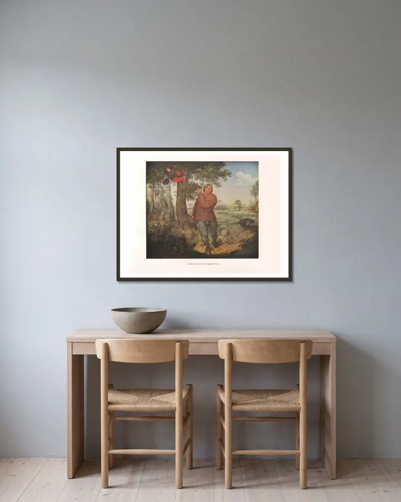 Das Sprichwort vom Vogelnest von Pieter Bruegel The Elder gerahmt an einer Wand