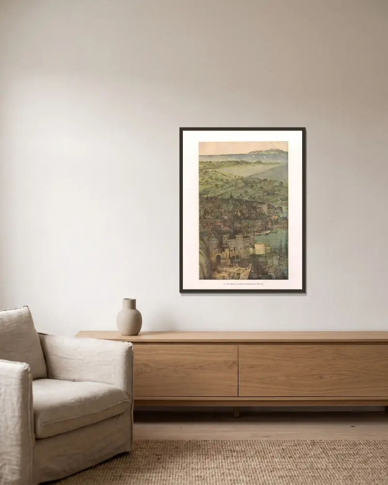 Der Hafen von Babel von Pieter Bruegel The Elder gerahmt an einer Wand