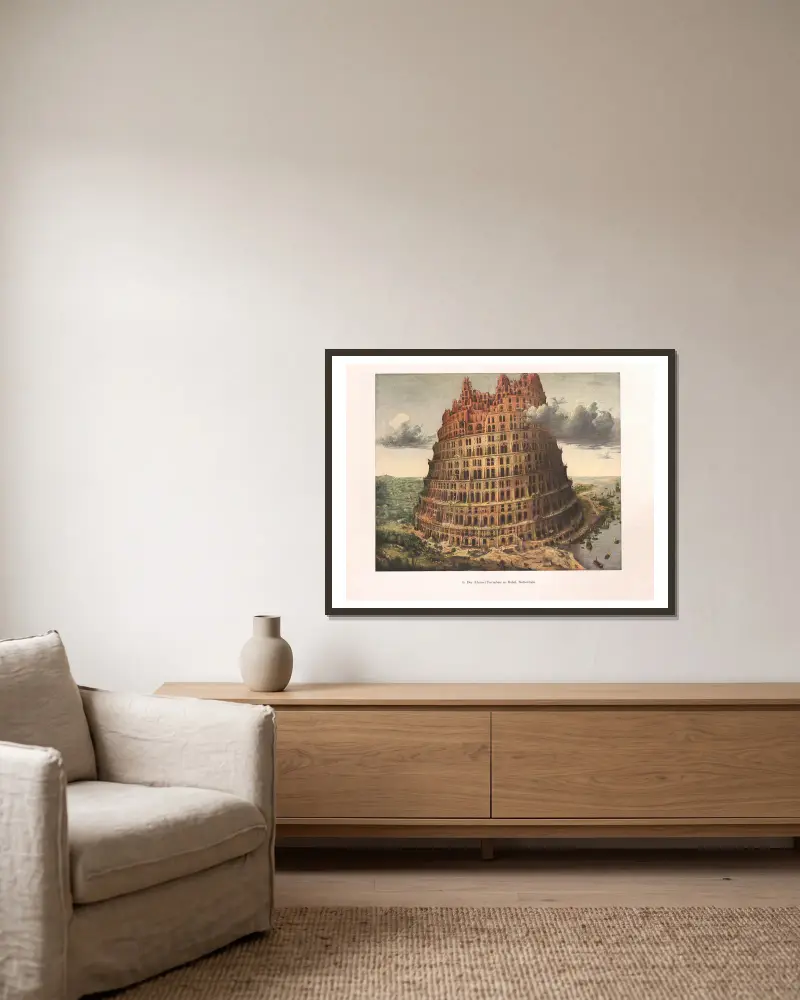 Der (kleine) Turmbau zu Babel – nr 1 av Pieter Bruegel The Elder inramad på en vägg