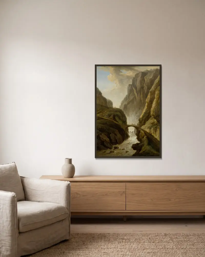 Devil’s Bridge on the St Gotthard Road av Christian Georg Schütz the elder inramad på en vägg