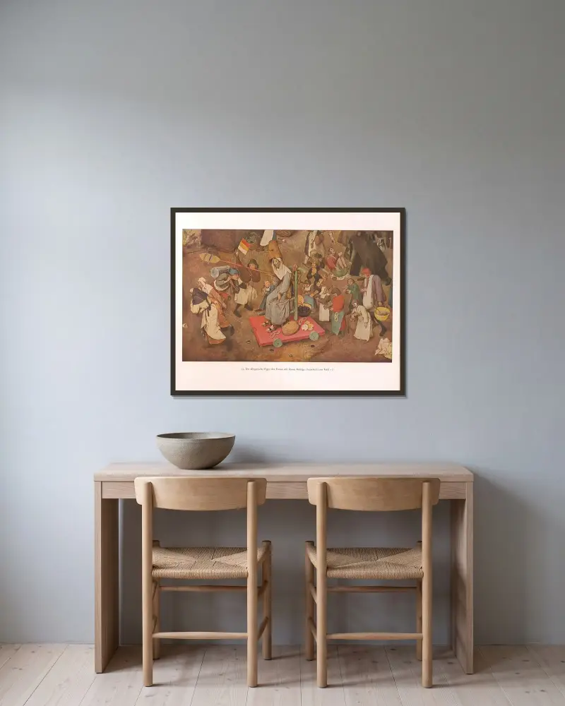Fastans allegoriska figur med sitt följe av Pieter Bruegel The Elder inramad på en vägg