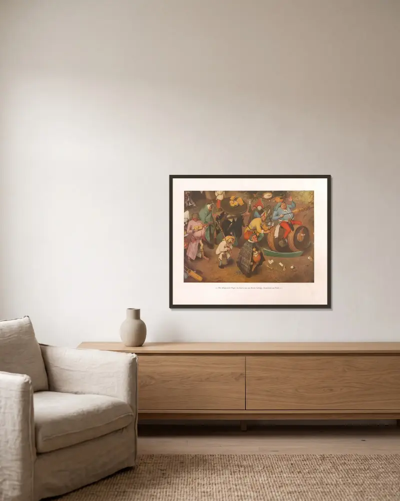 Die allegorische Figur des Karnevals mit ihrem Gefolge von Pieter Bruegel The Elder gerahmt an einer Wand