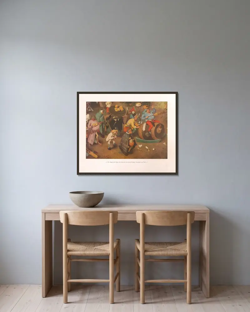 Die allegorische Figur des Karnevals mit ihrem Gefolge von Pieter Bruegel The Elder gerahmt an einer Wand