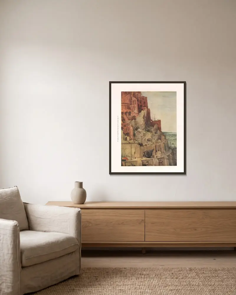 Die Arbeiten am Turmbau von Pieter Bruegel The Elder gerahmt an einer Wand
