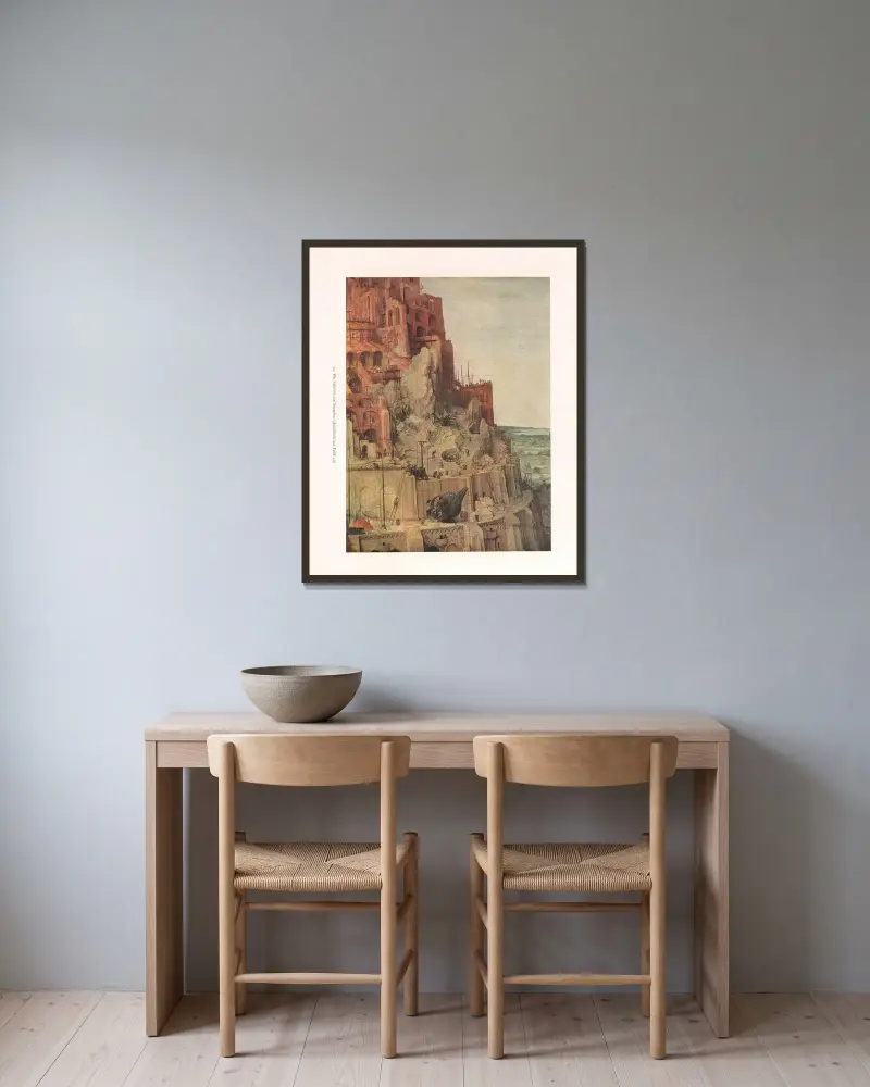 Die Arbeiten am Turmbau von Pieter Bruegel The Elder gerahmt an einer Wand