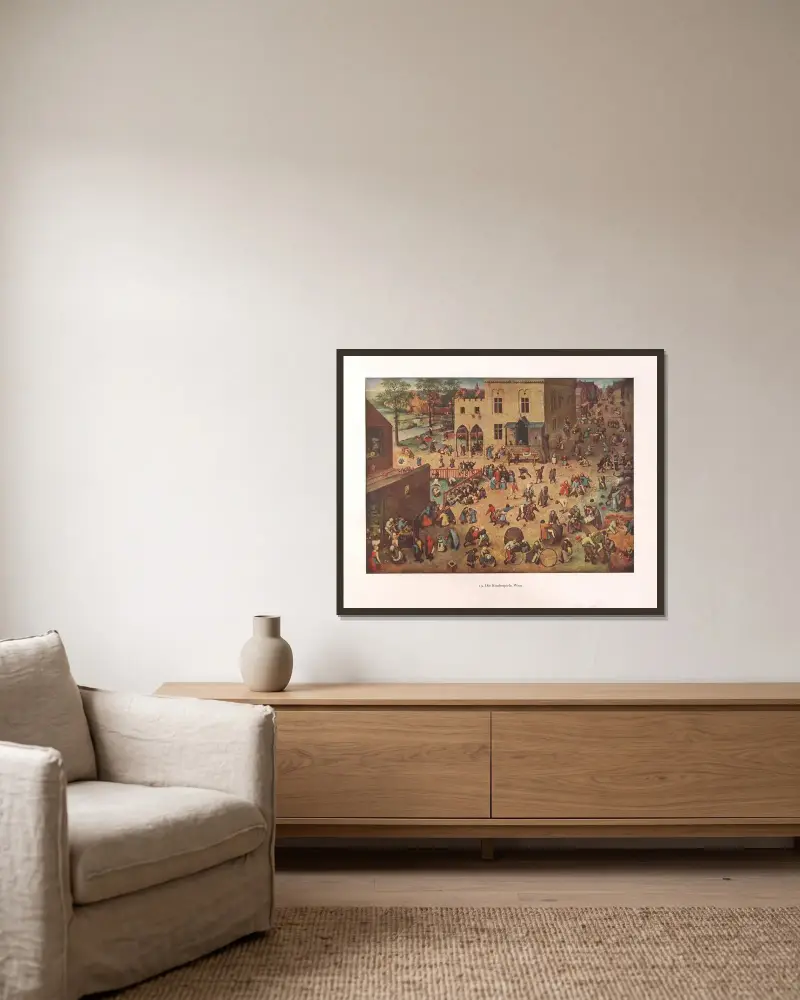 Die Kinderspiele av Pieter Bruegel The Elder inramad på en vägg