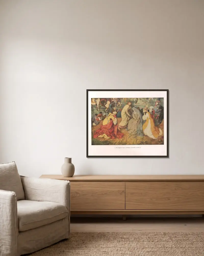 De klagande kvinnorna med Johannes av Pieter Bruegel The Elder inramad på en vägg