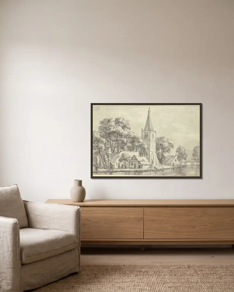 Bykyrka under träd vid kanal av Jan Van Kessel The Elder inramad på en vägg