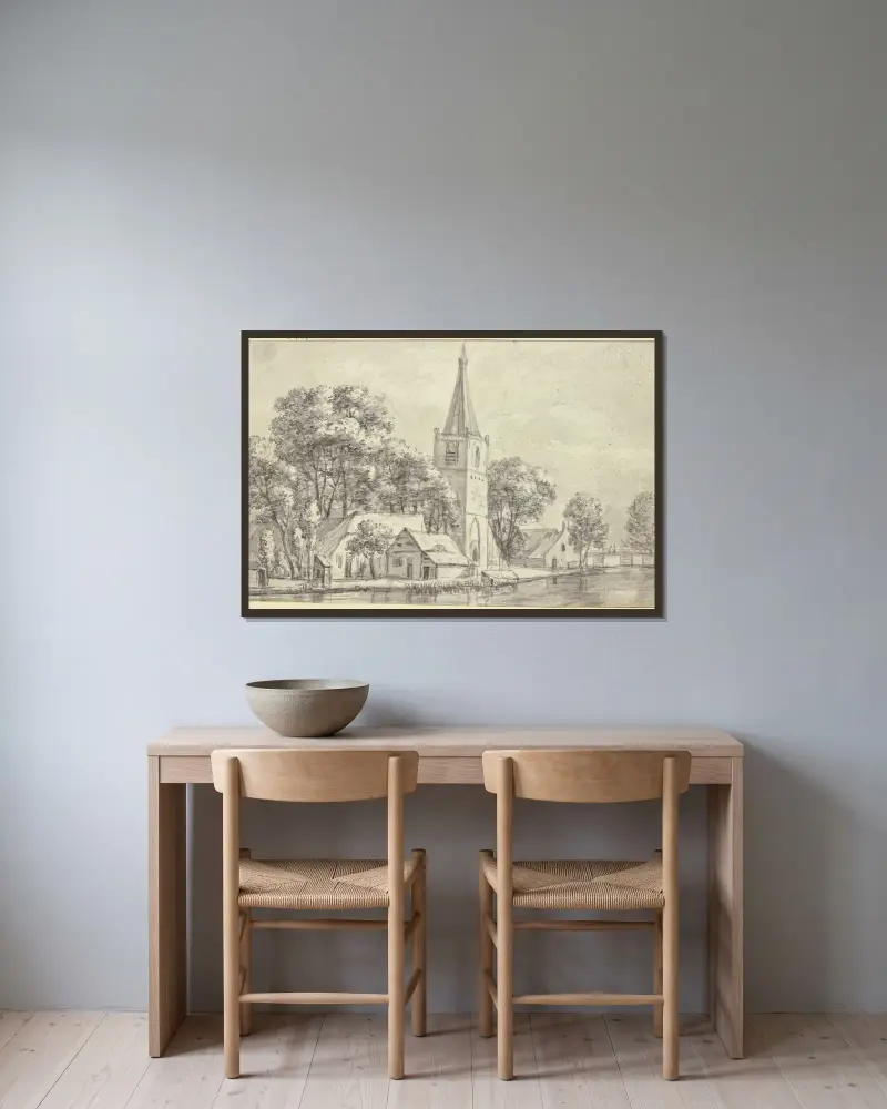 Bykyrka under träd vid kanal av Jan Van Kessel The Elder inramad på en vägg