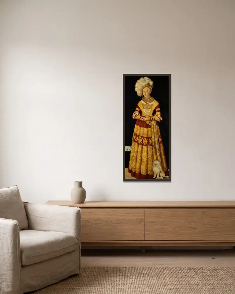 Hertiginnan Katarina av Mecklenburg av Lucas Cranach the Elder inramad på en vägg
