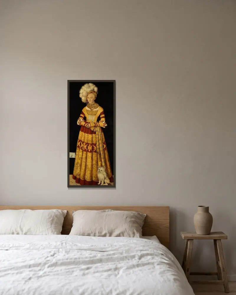 Hertiginnan Katarina av Mecklenburg av Lucas Cranach the Elder inramad på en vägg
