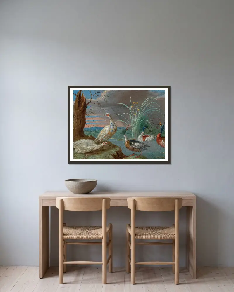 Ankor och andra fåglar vid en damm av Jan Van Kessel The Elder inramad på en vägg