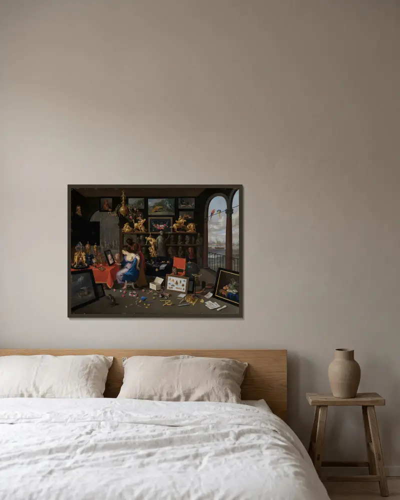 En konstkammare med Venus vid sin toalett av Jan Van Kessel The Elder inramad på en vägg