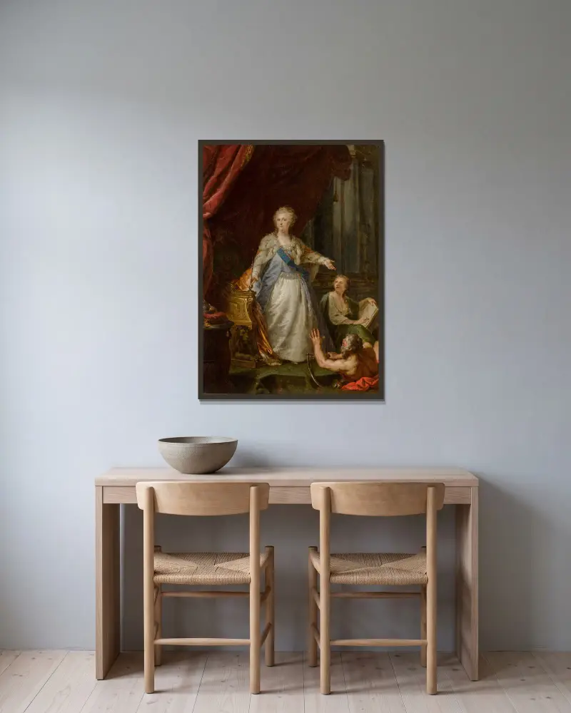 Kejsarinnan Katarina II med allegoriska figurer av Saturnus och Historien av Johann Baptist von Lampi the Elder inramad på en vägg