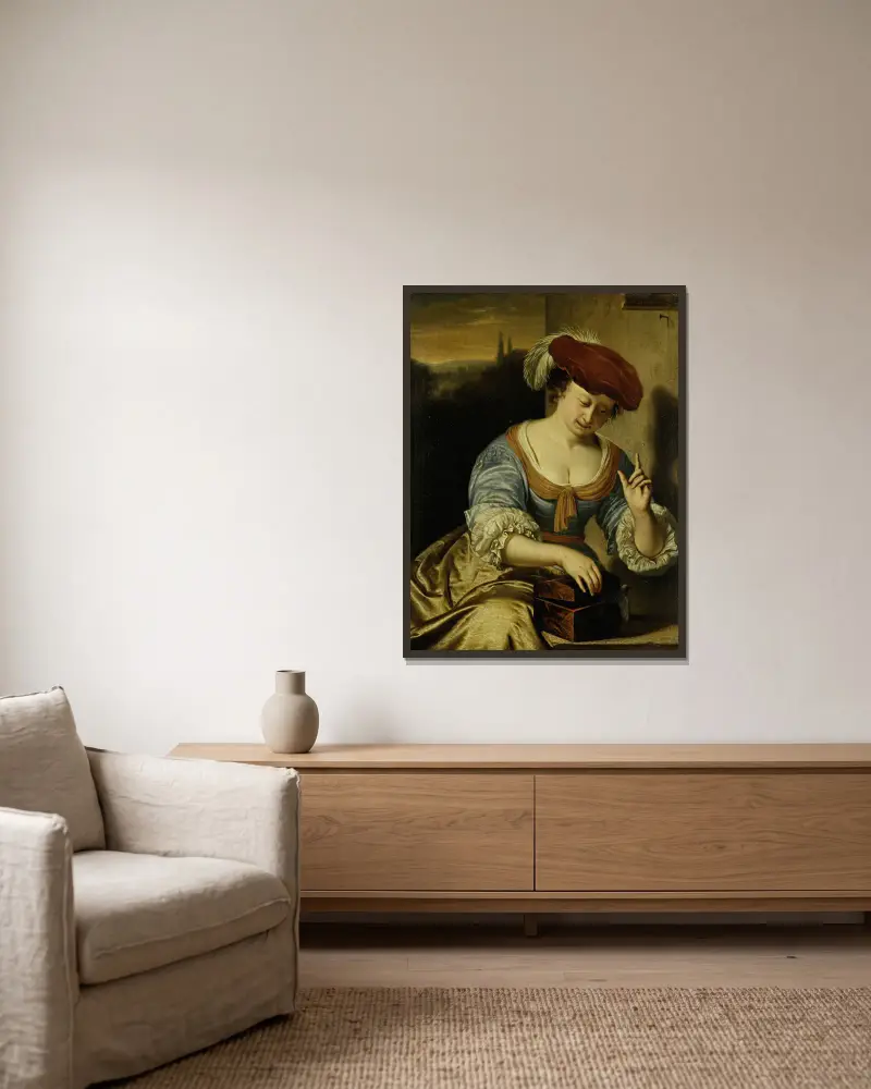 Undflydd fågel; allegori över kyskheten av Frans van Mieris the Elder inramad på en vägg