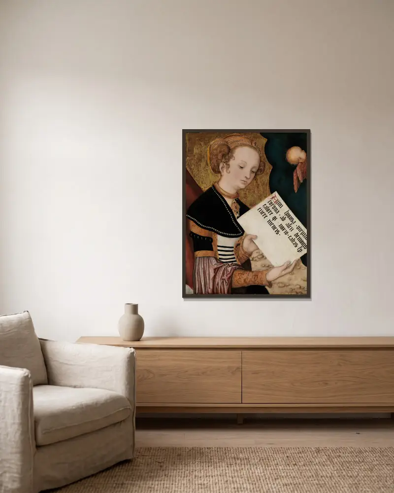 Heilige mit Schriftrolle von Lucas Cranach the Elder gerahmt an einer Wand