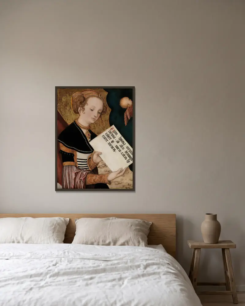 Heilige mit Schriftrolle von Lucas Cranach the Elder gerahmt an einer Wand