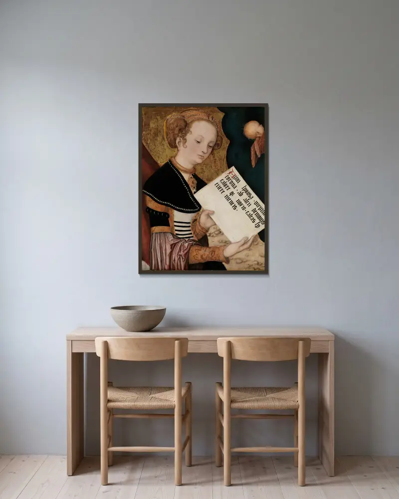 Heilige mit Schriftrolle von Lucas Cranach the Elder gerahmt an einer Wand