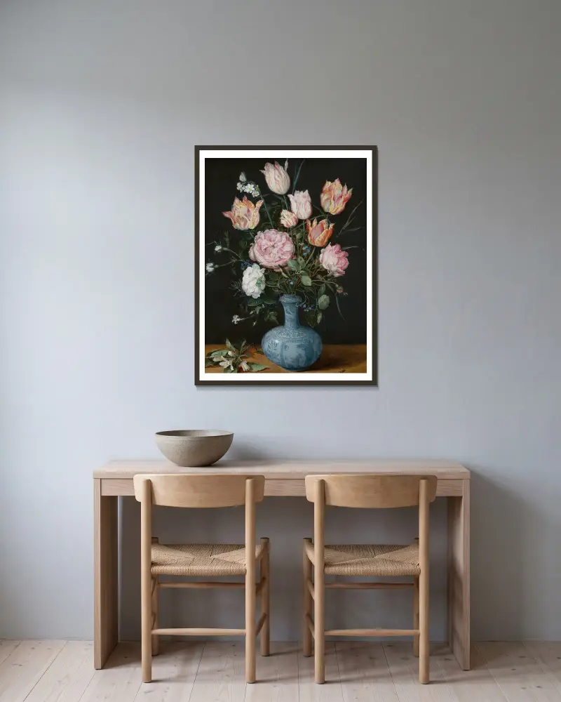 Flowers in a Wan-Li Vase av Jan Brueghel The Elder inramad på en vägg