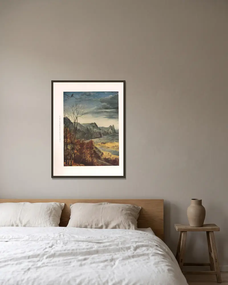 Fluß- und Gebirgslandschaft av Pieter Bruegel The Elder inramad på en vägg